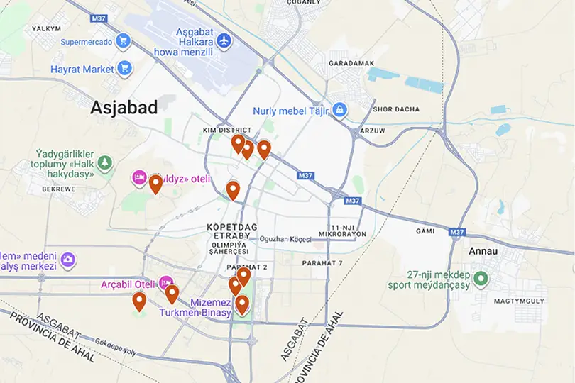 mapa de los sitios icónicos de Ashgabat